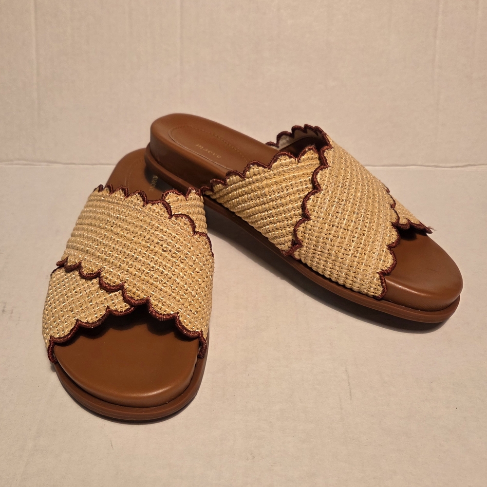 Maeve Scalloped Woven Slide Sandals in Natural and Brown